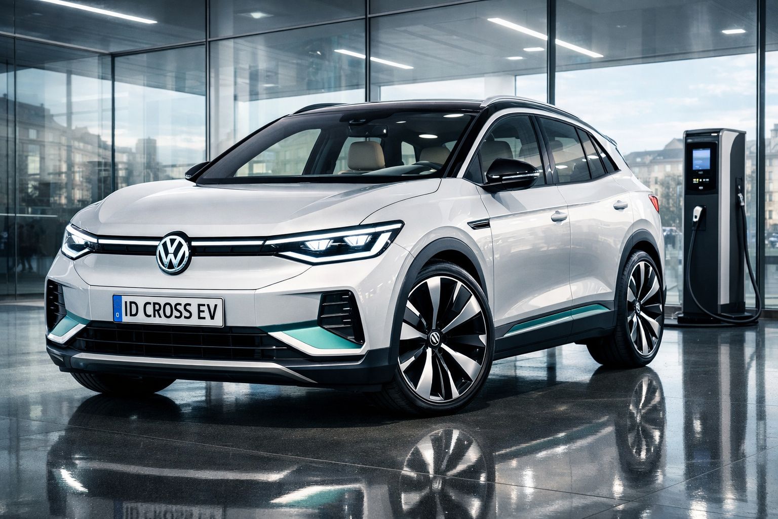 Carro elétrico Volkswagen ID Cross EV branco em showroom com estação de recarga ao lado.