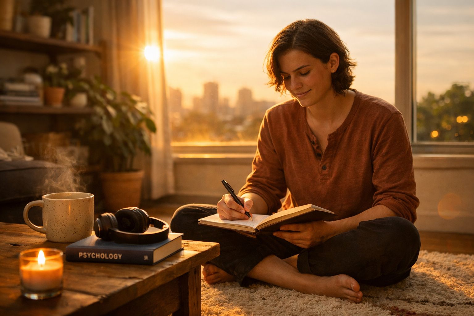 Pessoa sentada no chão escrevendo em caderno com xícara, livro, fones e vela acesa em ambiente aconchegante.