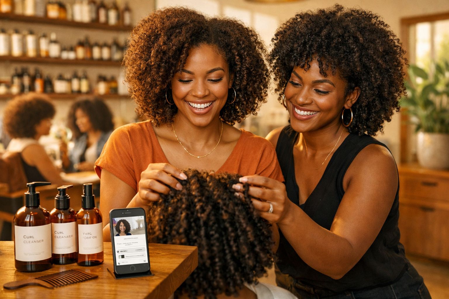Duas mulheres negras sorrindo enquanto testam peruca cacheada em loja de produtos para cabelo.