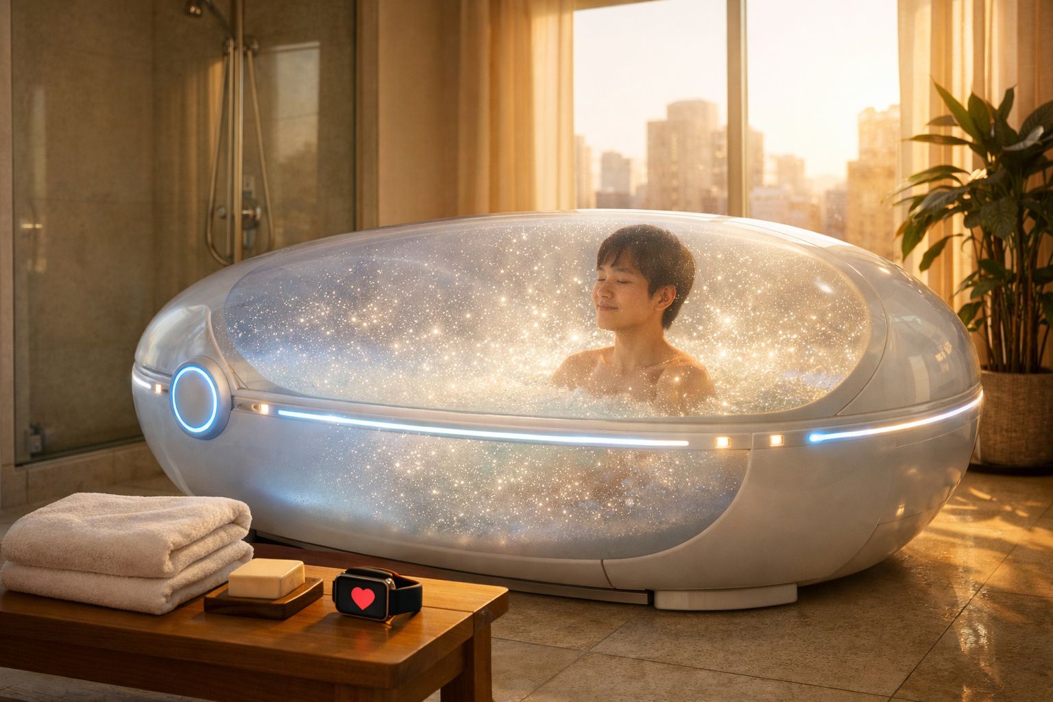 Pessoa relaxando em banheira futurista com luzes azuis e espuma brilhante, em banheiro com vista para cidade.