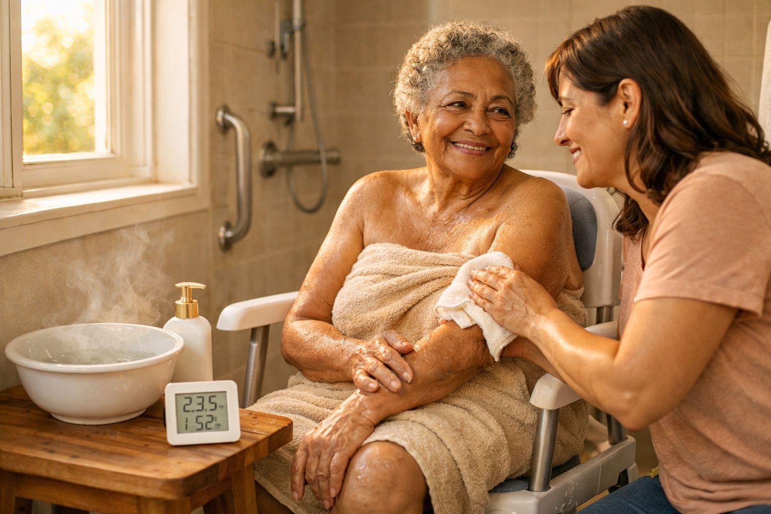 Mulher cuidando de idosa enrolada em toalha, sentado em cadeira no banheiro, com tigela e termômetro ao lado.