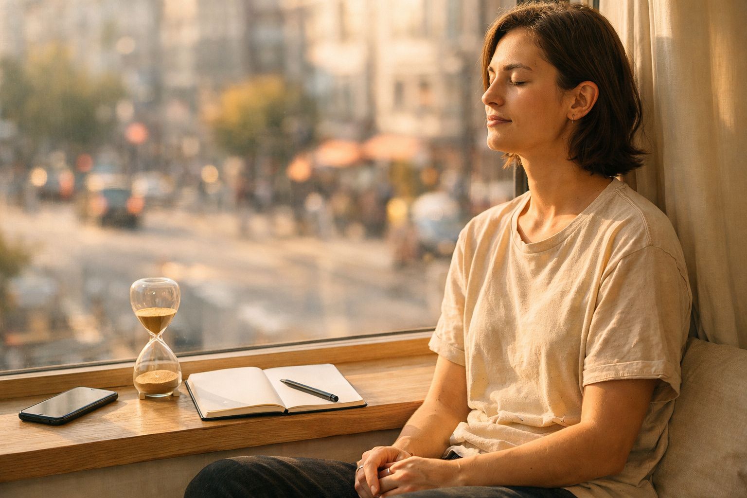 Mulher sentada ao lado de janela, olhos fechados, com caderneta, ampulheta e celular à sua frente.