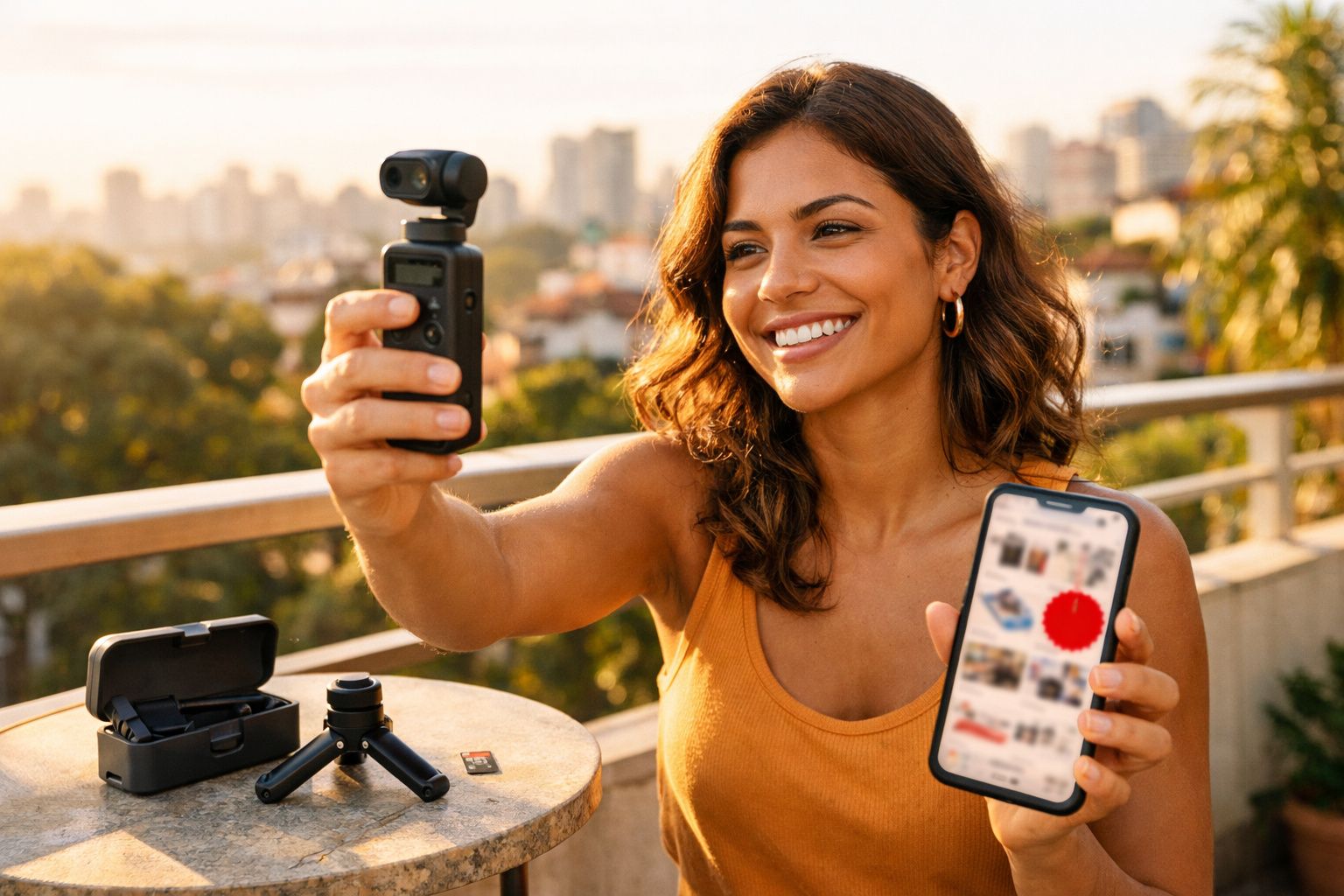 Mulher sorridente segurando câmera portátil em uma mão e celular na outra, ao ar livre.