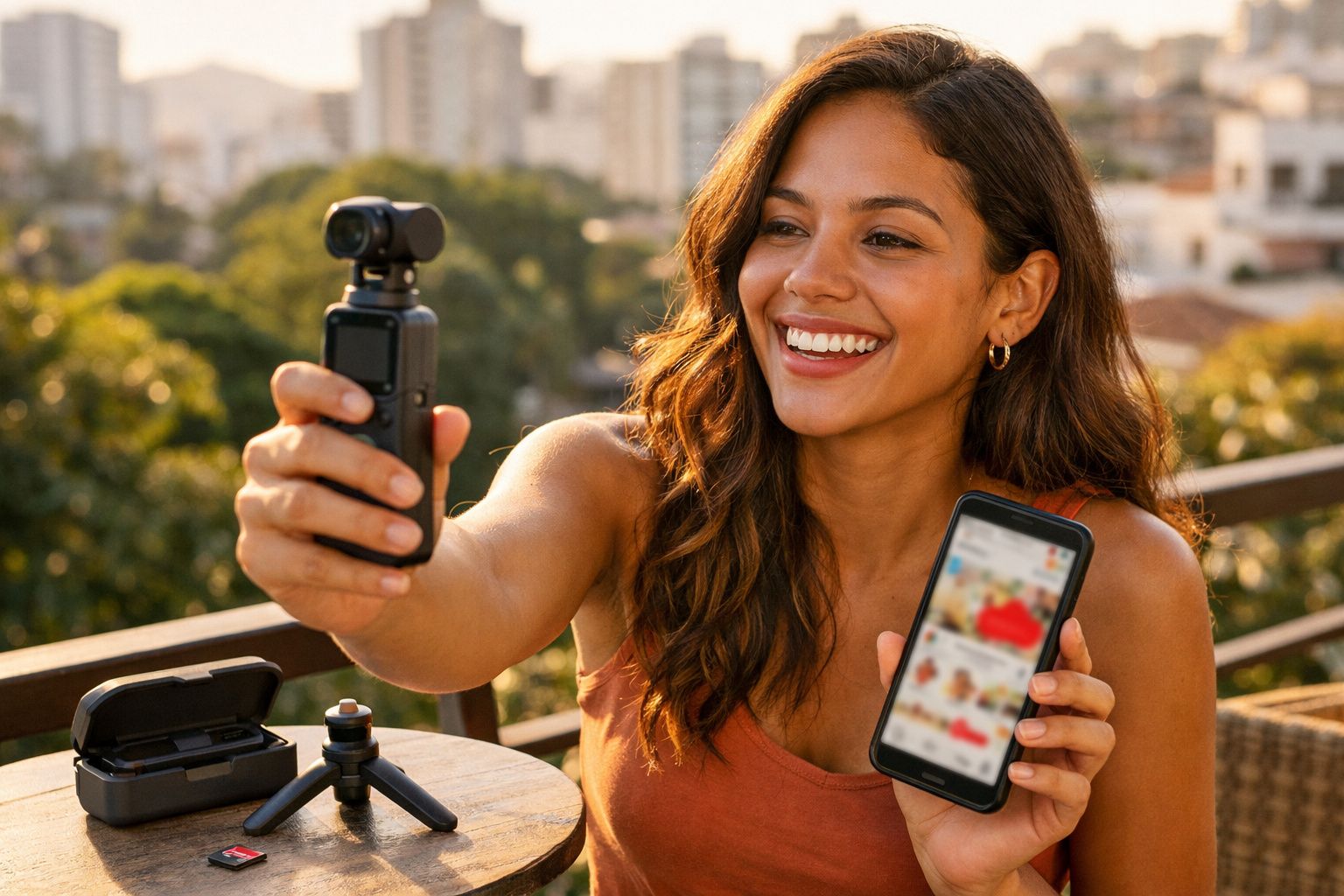Mulher sorridente grava vídeo com câmera portátil enquanto segura celular em varanda ao ar livre.