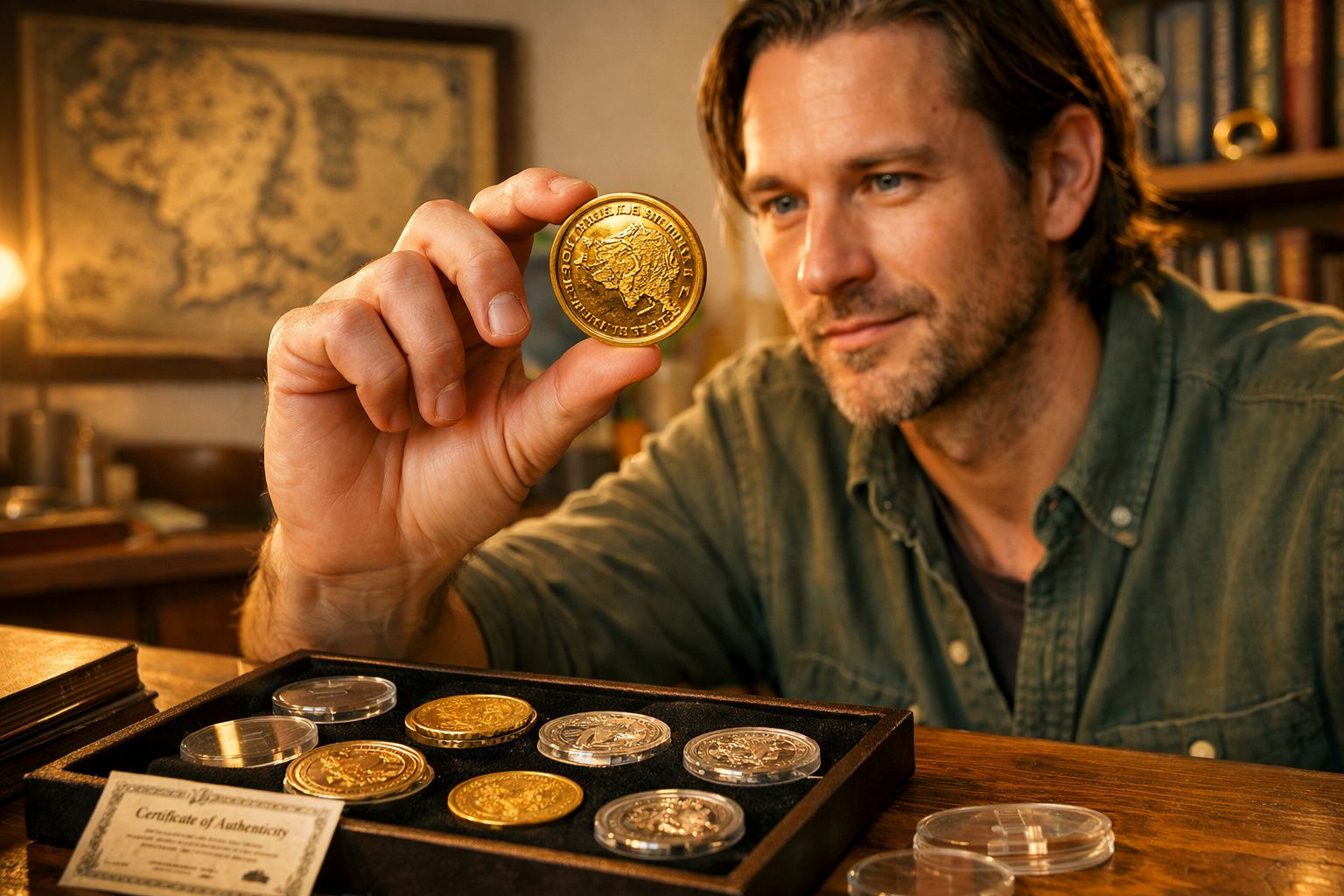 Homem segurando uma moeda rara de ouro em sala com várias moedas antigas sobre a mesa.