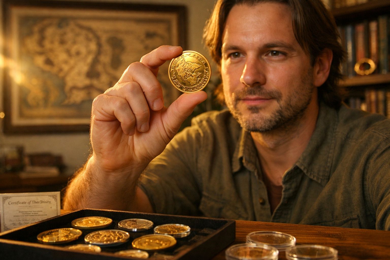 Homem segurando moeda dourada de colecionador em sala com mapa antigo ao fundo.