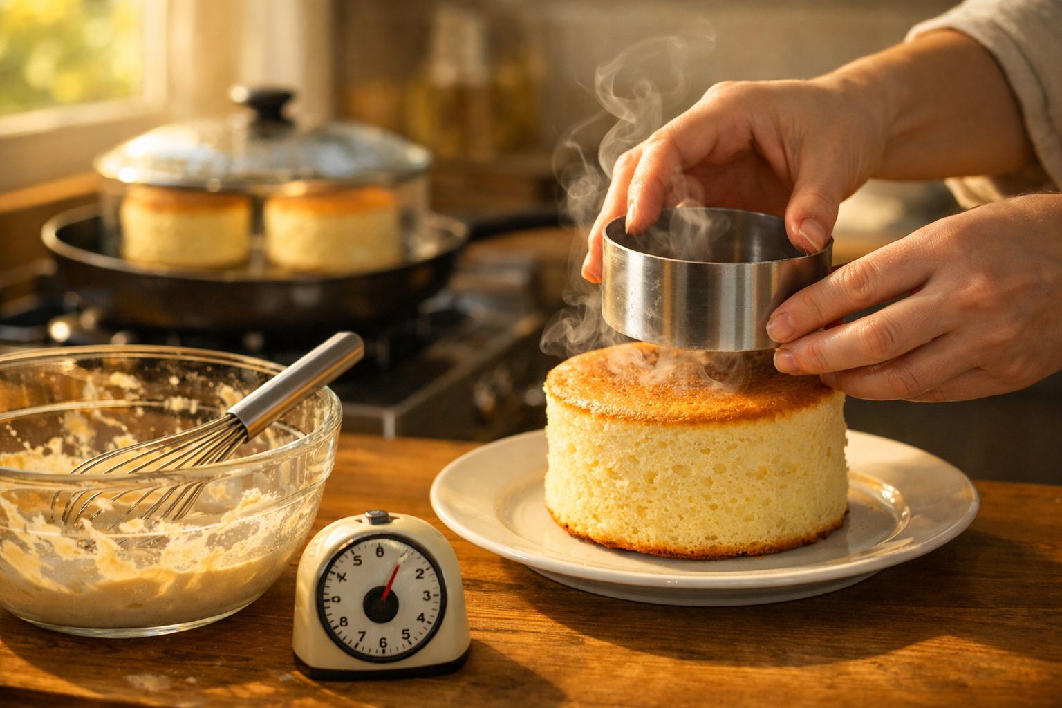 Mãos tirando molde de bolo japonês fofo e quente em prato, ao lado batedor, tigela e timer na mesa de madeira.