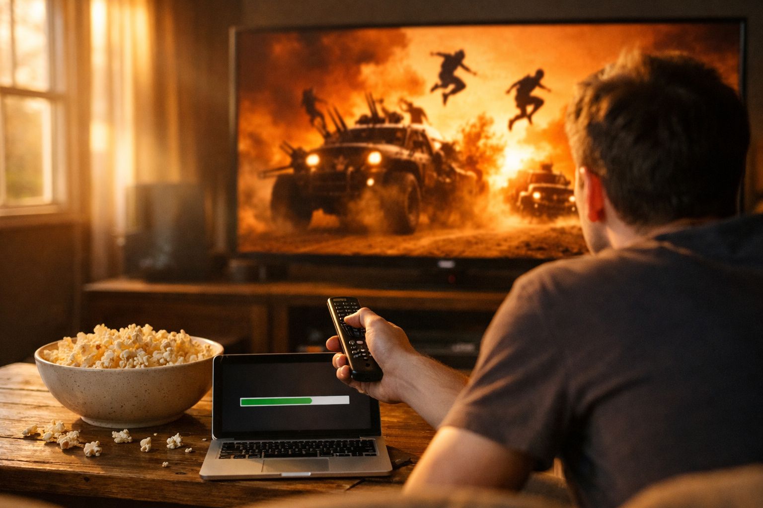 Homem assistindo filme de ação na TV com controle remoto, notebook e pipoca na mesa.