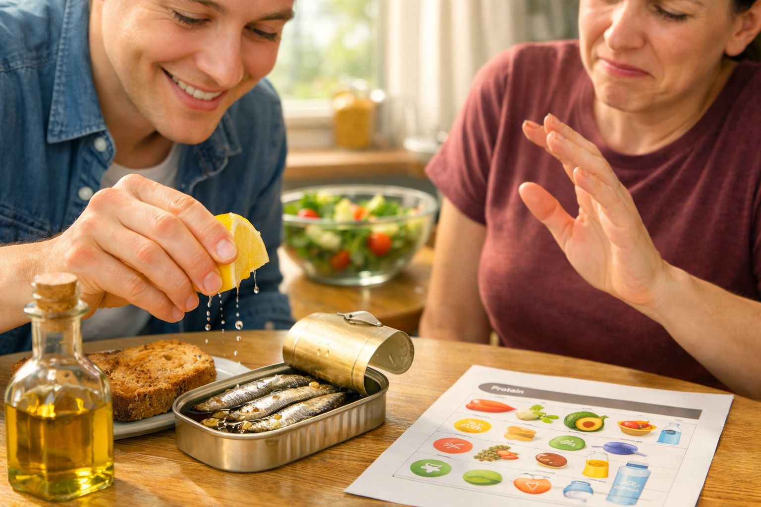 Homem espremendo limão sobre sardinhas em lata, mulher recusando comida durante refeição.