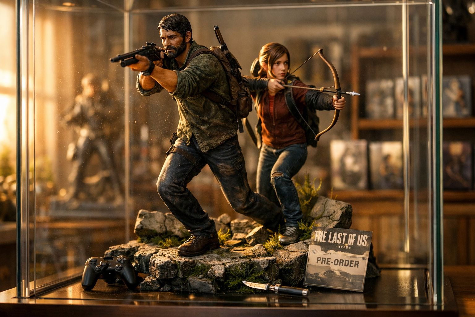Estátuas detalhadas de personagens armados de The Last of Us em base rochosa, com controle e placa de pré-venda.