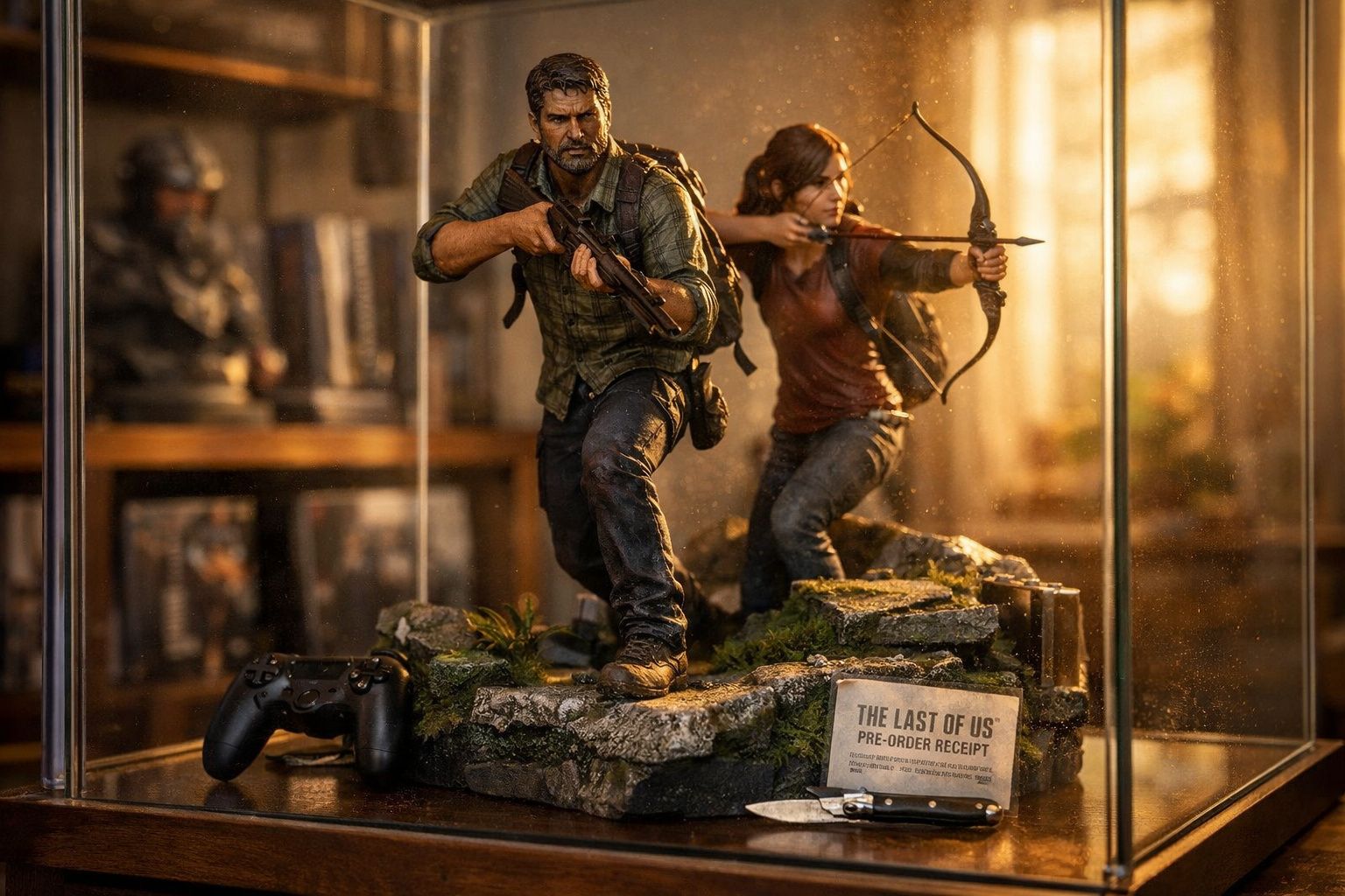 Estatuetas de personagens de The Last of Us em pose de batalha, dentro de caixa de vidro com controle de videogame.