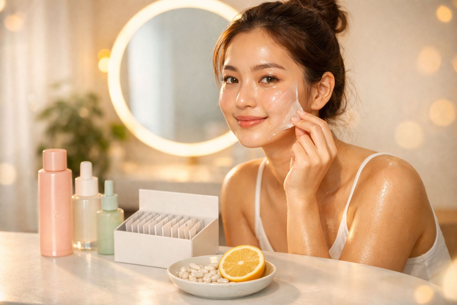 Mulher aplicando máscara facial transparente com produtos de beleza e cápsulas sobre a mesa.
