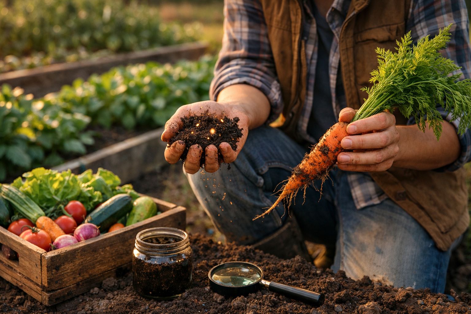 Pessoa segura cenoura e terra em mão numa horta, com caixa de vegetais frescos ao lado.