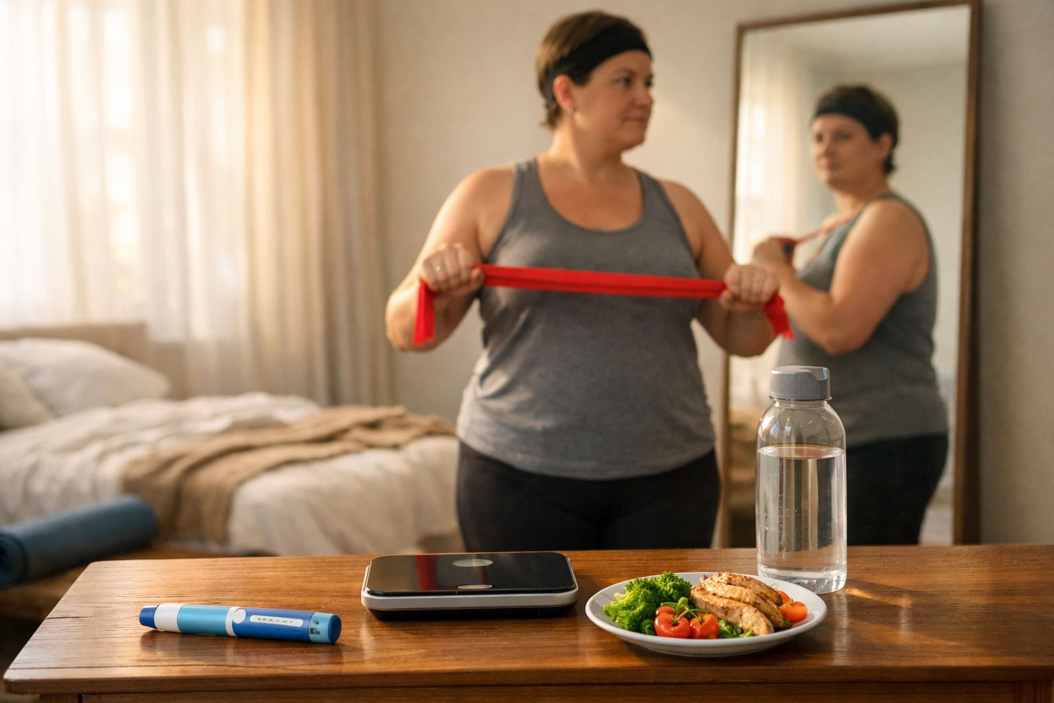 Mulher fazendo exercícios com elástico em quarto, com balança, refeição saudável e garrafa de água na frente.