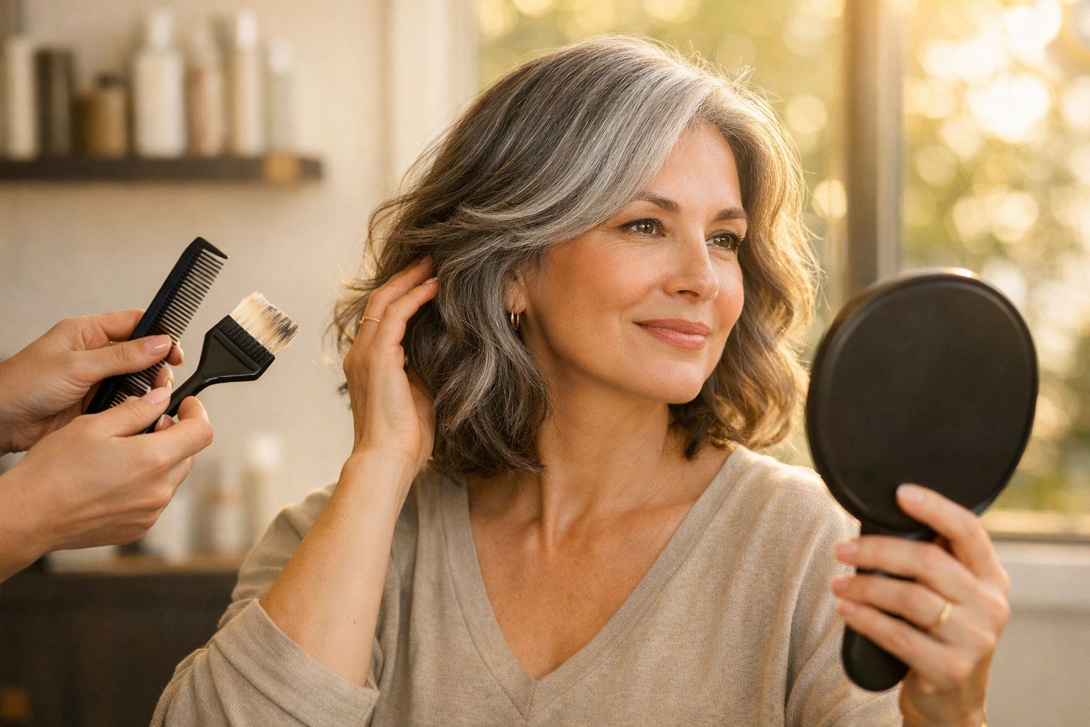 Mulher sorridente com cabelo grisalho segurando espelho enquanto penteiam seus fios em salão iluminado.