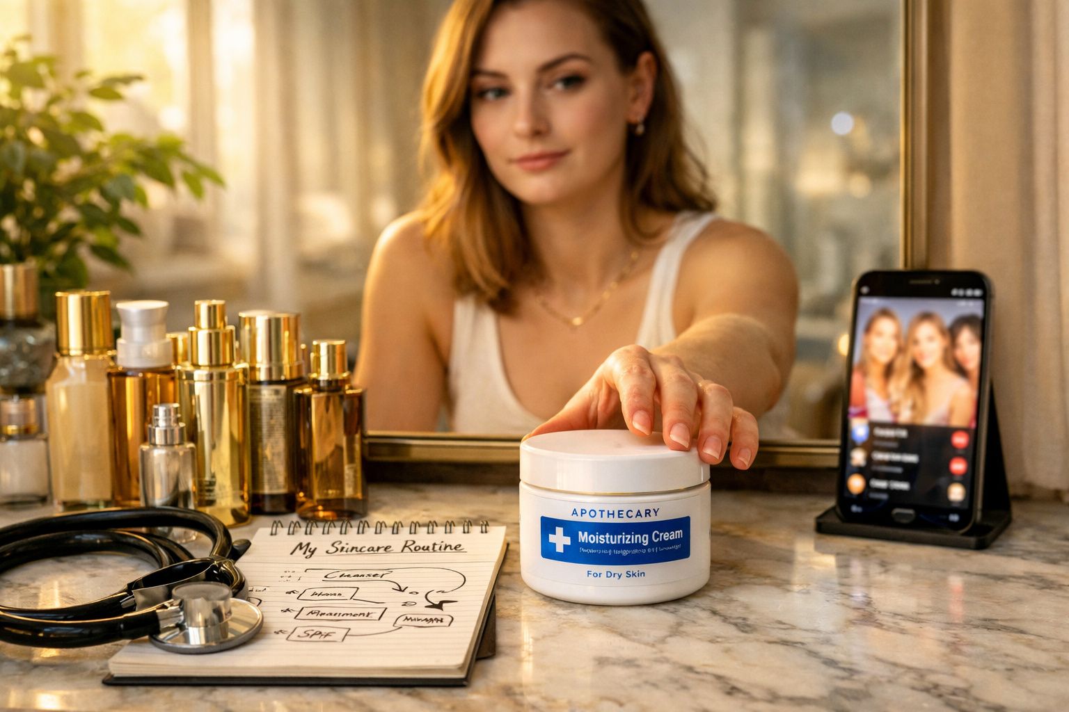 Mulher segurando pote de creme hidratante em bancada com produtos, caderno e celular em chamada de vídeo.