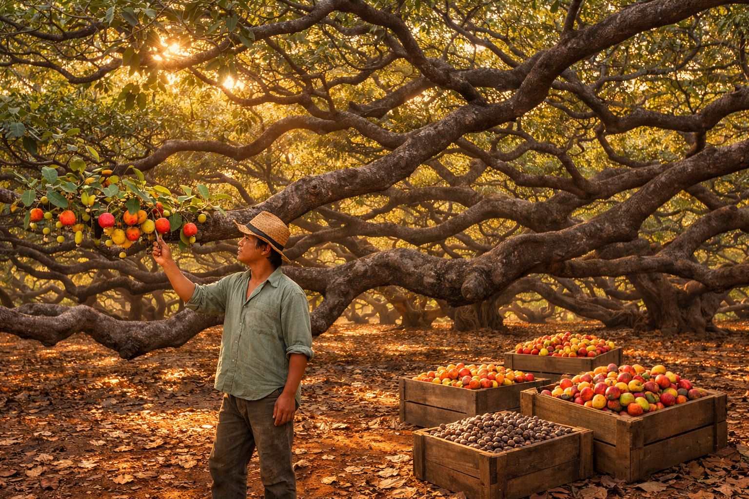 Homem colhendo frutos em pomar com árvores de galhos retorcidos ao pôr do sol.