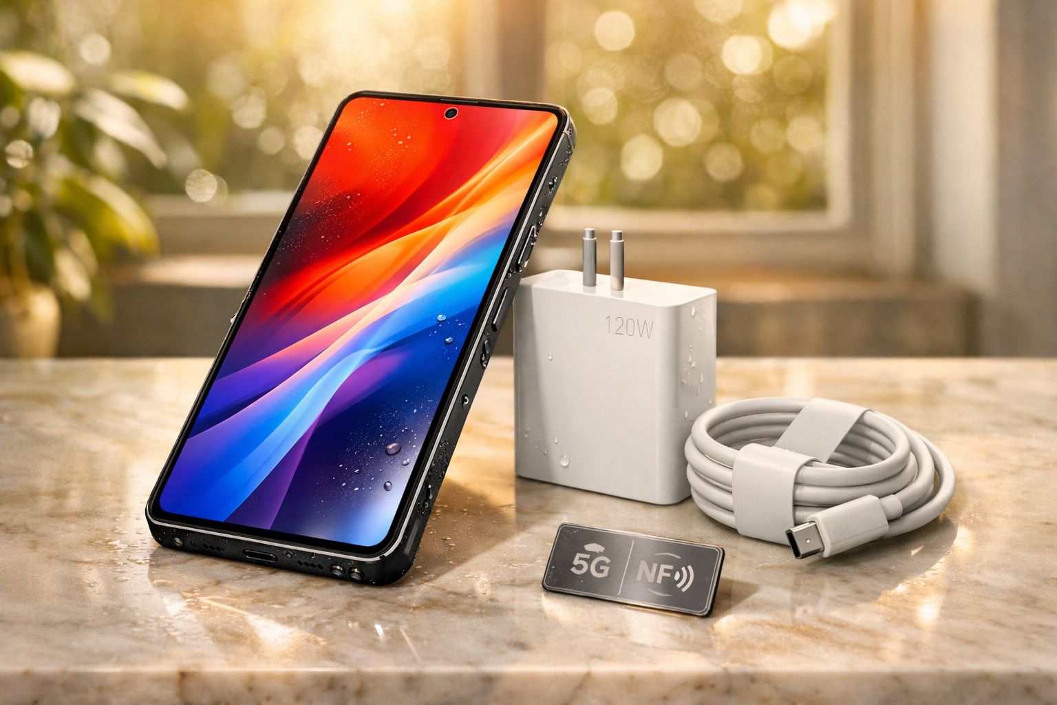 Smartphone moderno com tela colorida, carregador branco 120W, cabo USB-C e placa com logos 5G e NFC.
