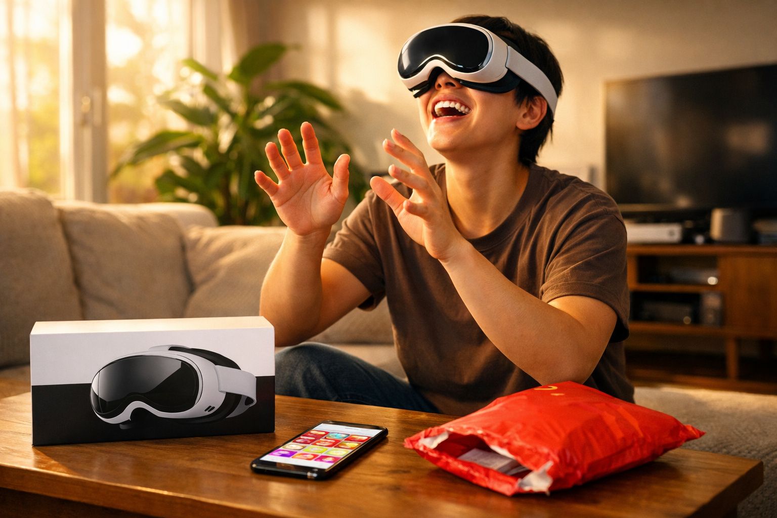 Jovem usando óculos de realidade virtual, sorrindo, sentado em sofá com caixa, celular e pacote na mesa.