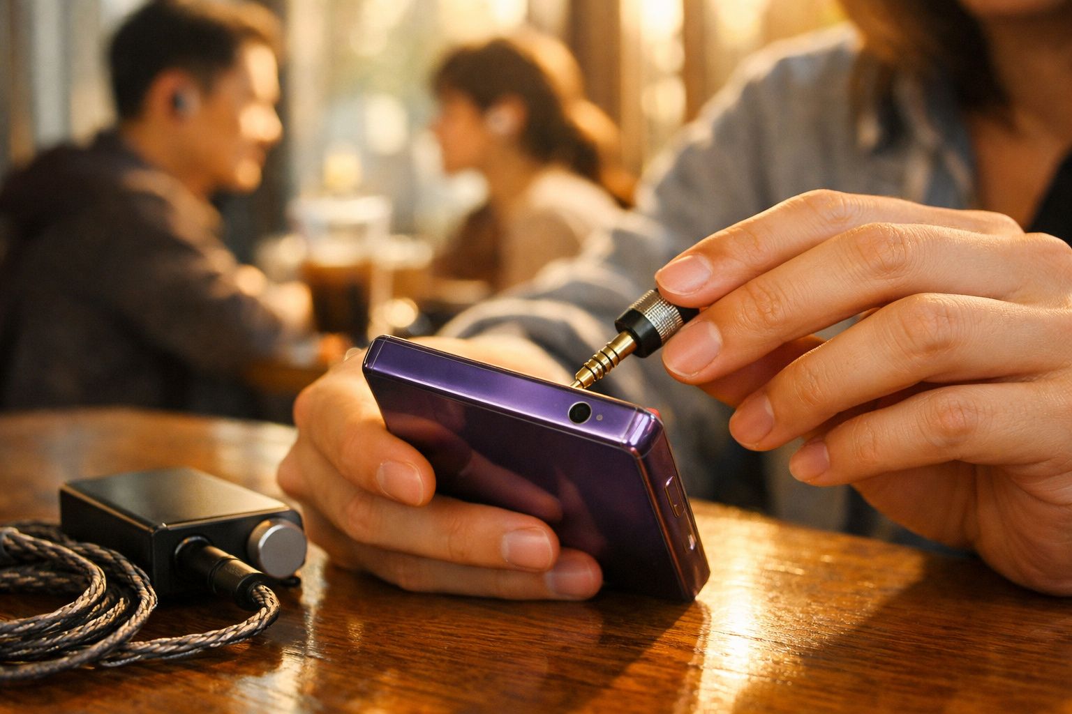 Pessoa conectando plugue de áudio em celular roxo sobre mesa de madeira em ambiente com outras pessoas ao fundo.