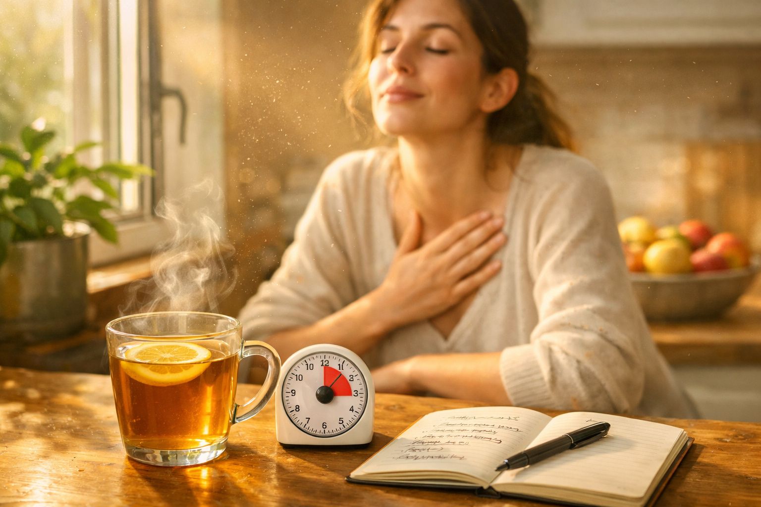 Mulher relaxando com as mãos no peito, chá quente na mesa, cronômetro e caderno aberto em ambiente acolhedor.