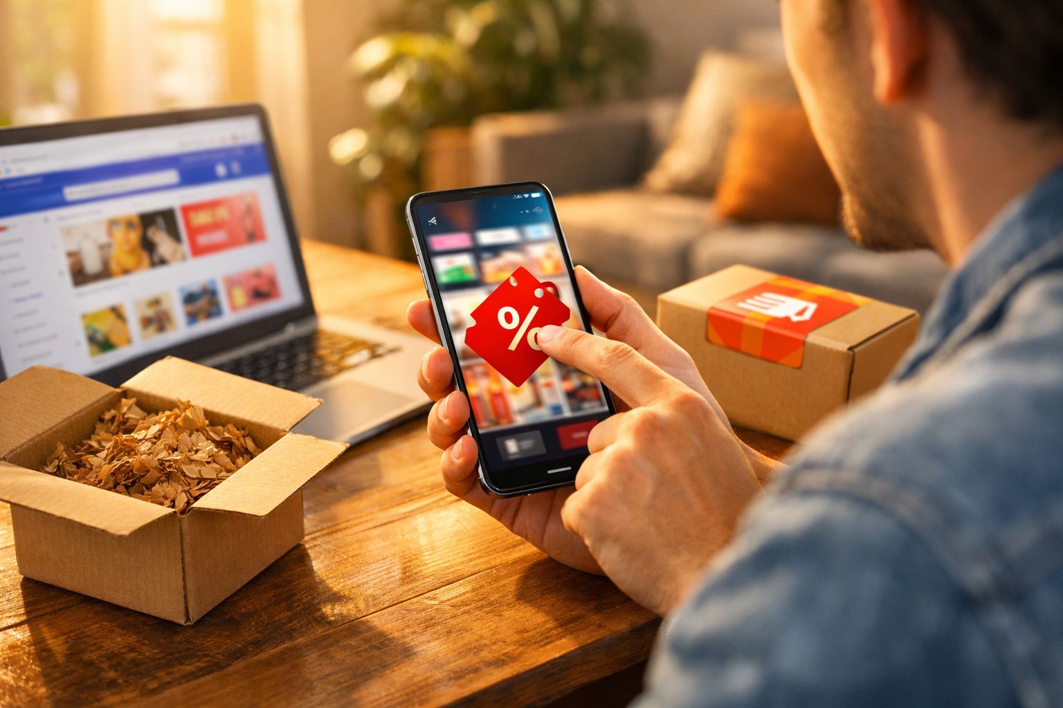 Pessoa usando smartphone para acessar cupom de desconto, com laptop aberto e embalagens ao redor em mesa de madeira.