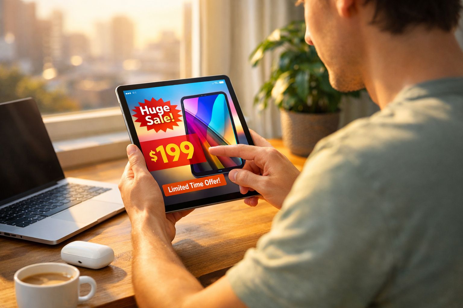 Pessoa usando tablet para comprar celular com oferta de $199 em ambiente iluminado por luz natural.