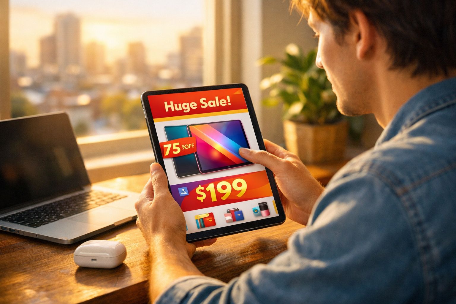 Homem segurando tablet com promoção de 75% de desconto em dispositivo eletrônico, sentado em mesa com laptop.