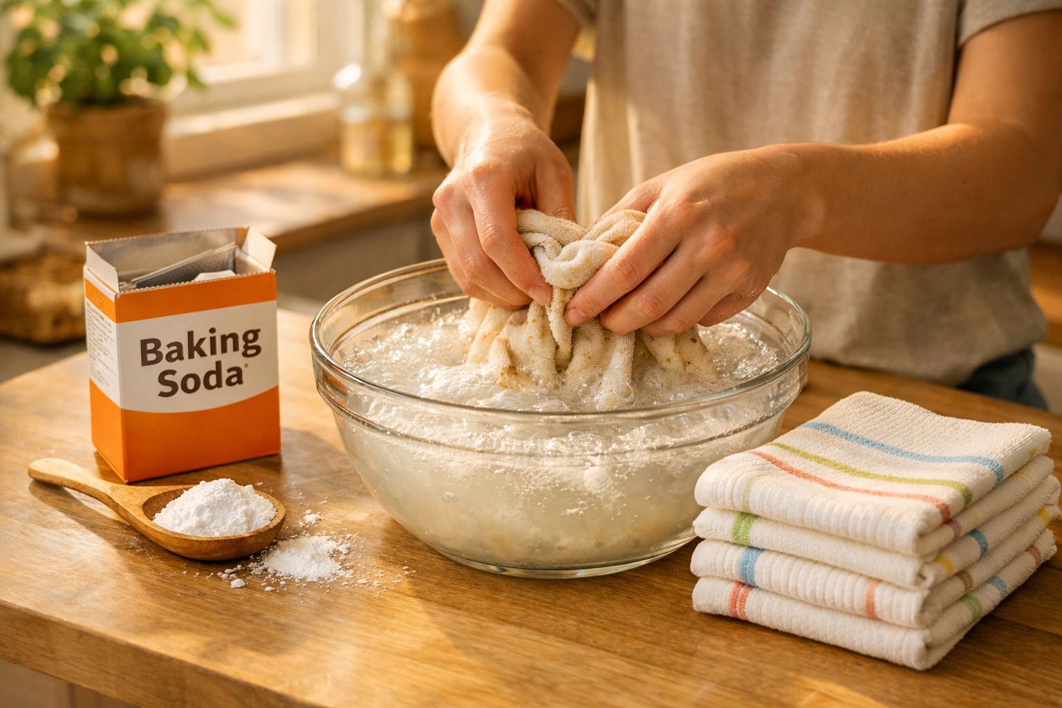 Pessoa espremendo um pano dentro de uma tigela com bicarbonato de sódio e água sobre mesa de madeira.