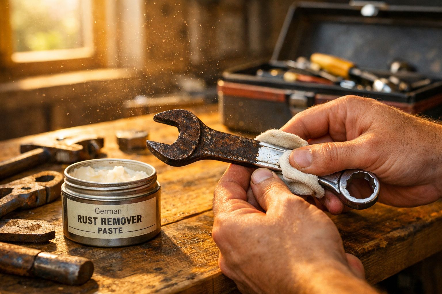 Pessoa limpando ferrugem de uma chave inglesa com pano e pasta removedora em bancada de madeira.
