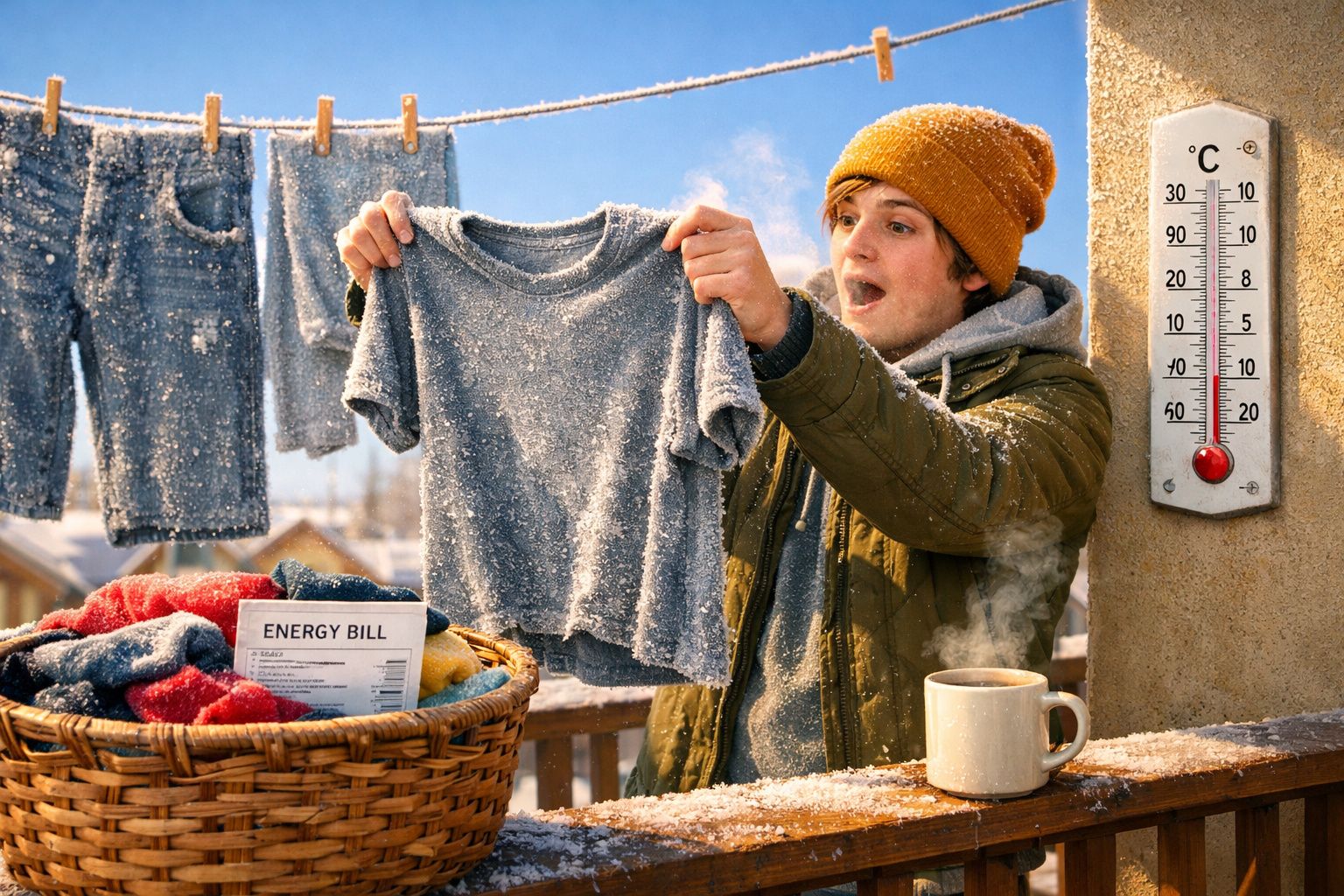 Pessoa com roupa de frio segurando camiseta congelada e medidor de temperatura marcando abaixo de zero graus.