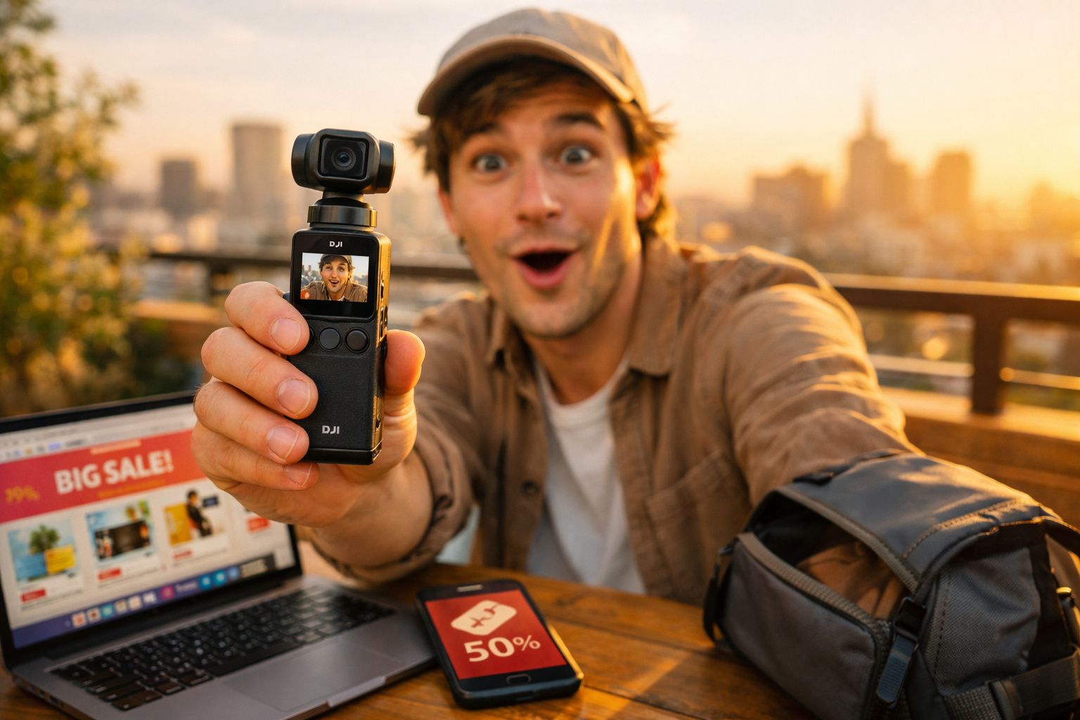 Jovem segurando câmera DJI, laptop com promoção e celular com desconto em mesa ao ar livre ao entardecer.