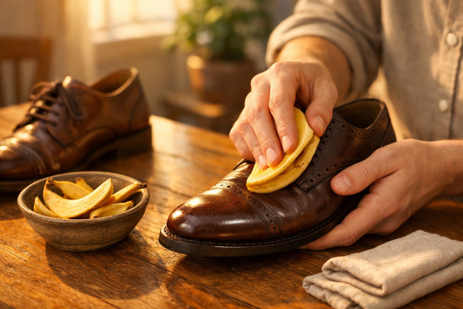 Pessoa limpa sapato de couro marrom com uma esponja amarela em mesa de madeira.