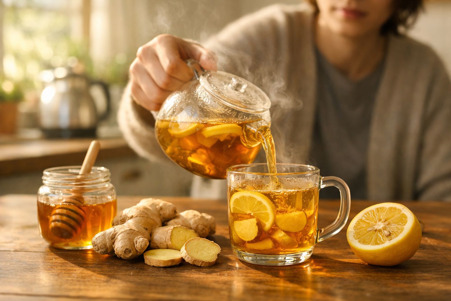 Pessoa servindo chá com gengibre e limão em xícara, ao lado de pote de mel e pedaços de gengibre.