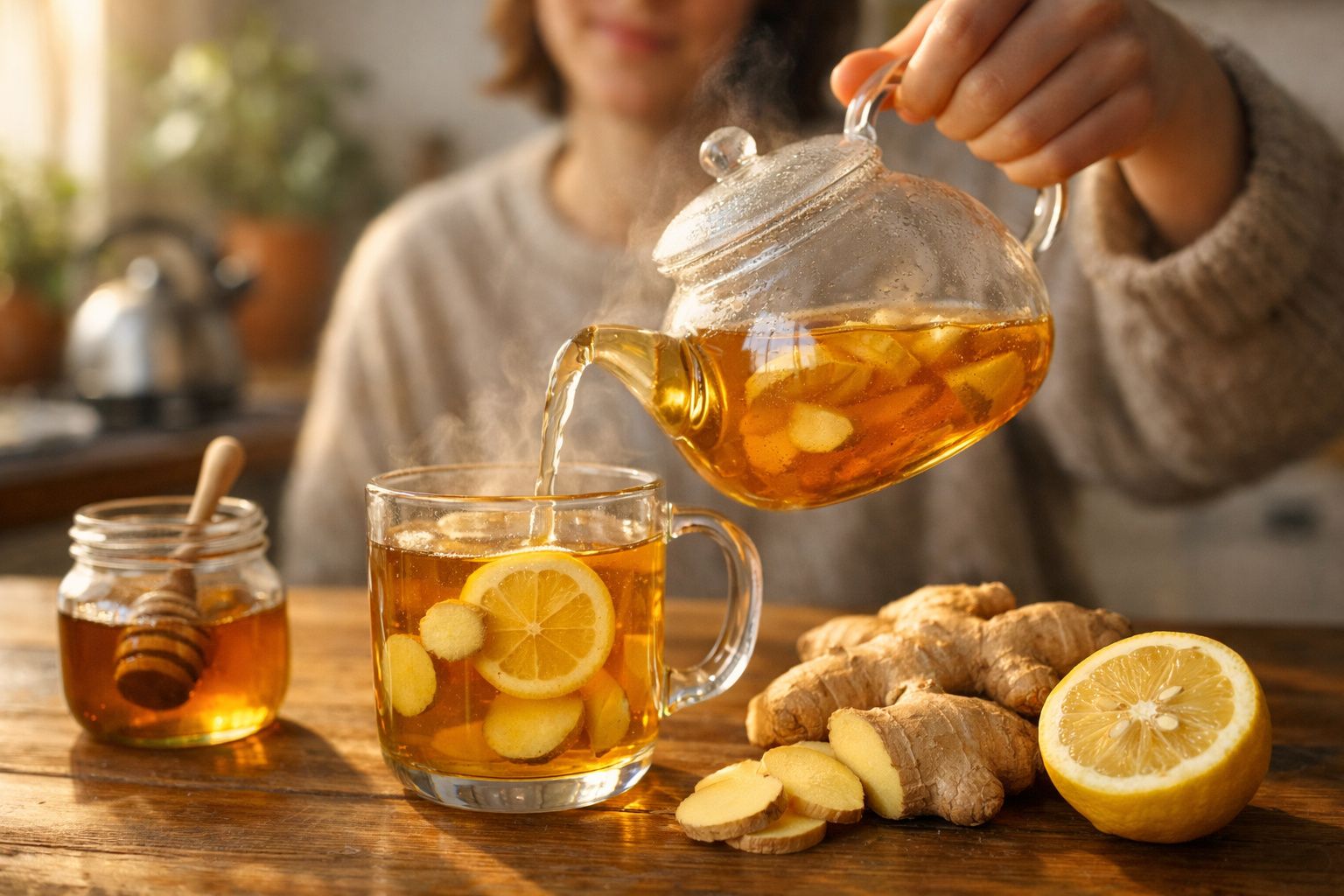Pessoa servindo chá de gengibre e limão em xícara de vidro com mel ao lado em mesa de madeira.