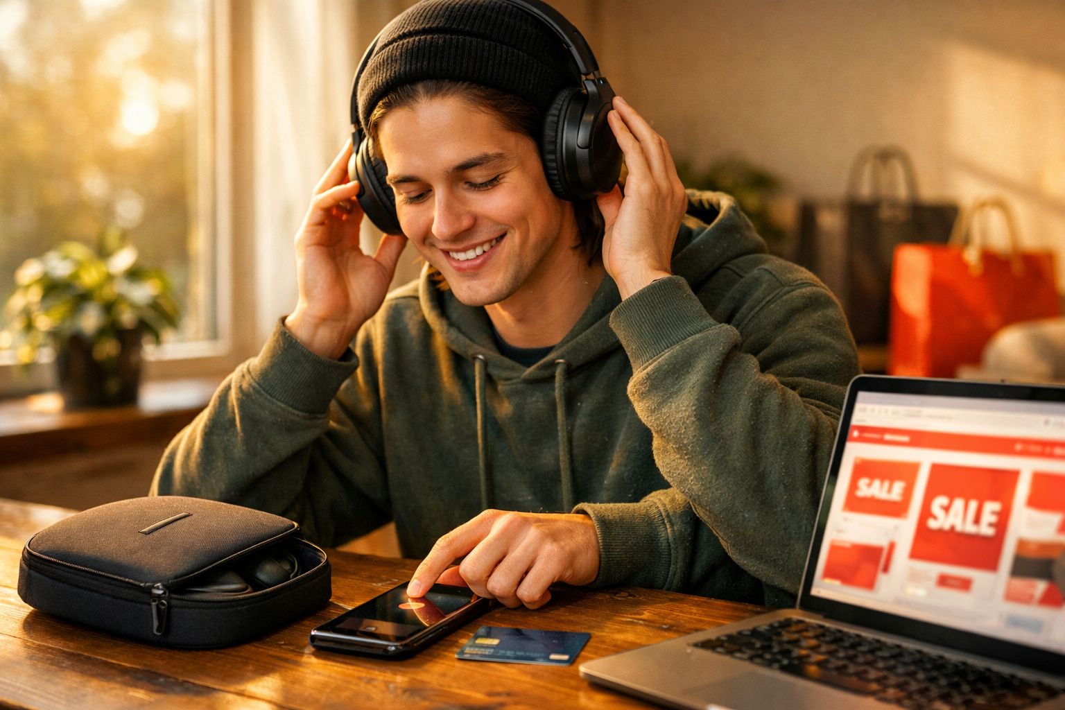 Jovem com moletom e fones de ouvido usando smartphone em mesa com laptop e carteira.