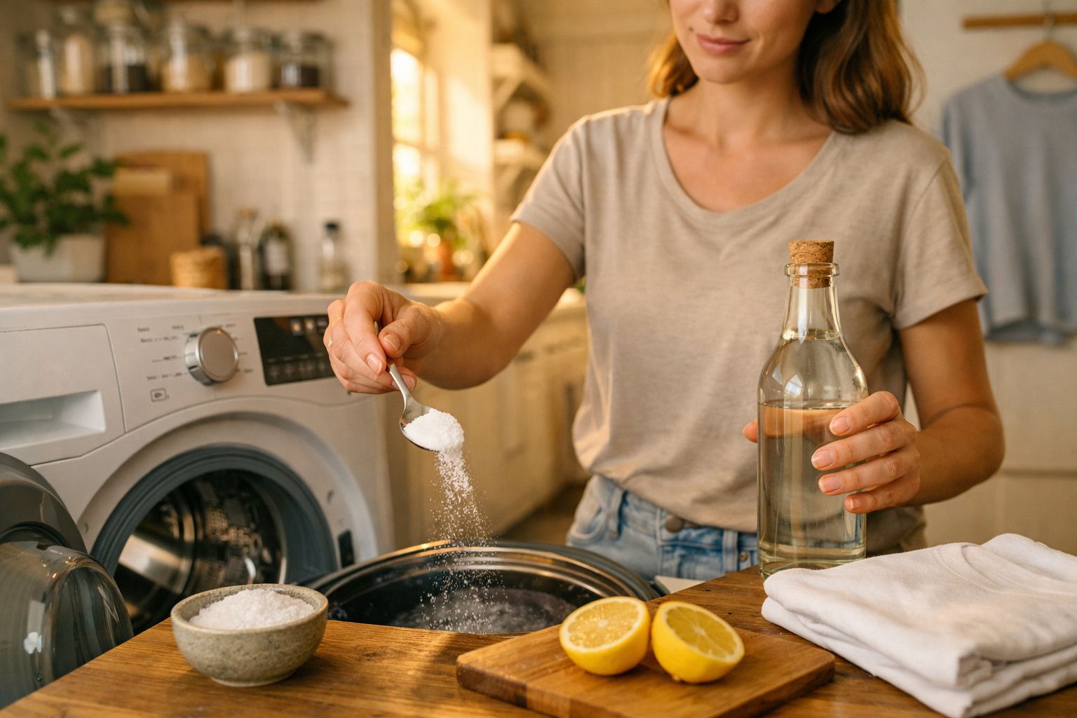 Mulher despejando bicarbonato de sódio na máquina de lavar, com vinagre e limões numa cozinha.