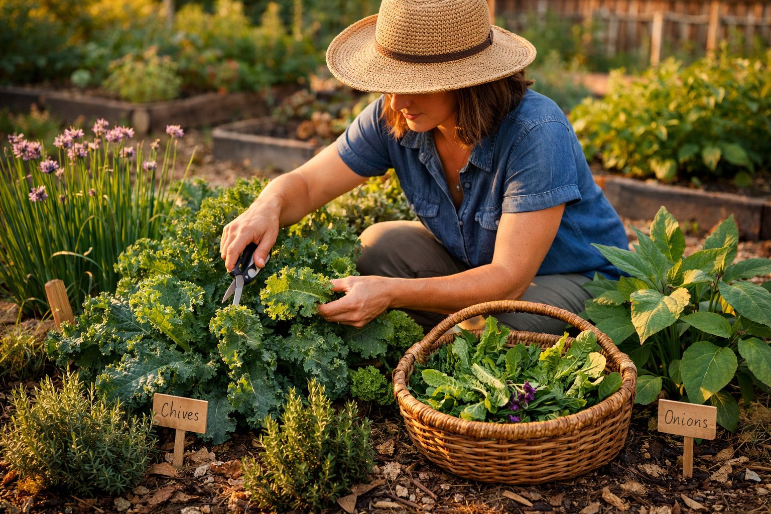 Mulher colhendo verduras em horta caseira com cesta ao lado em canteiro sinalizado com ervas.