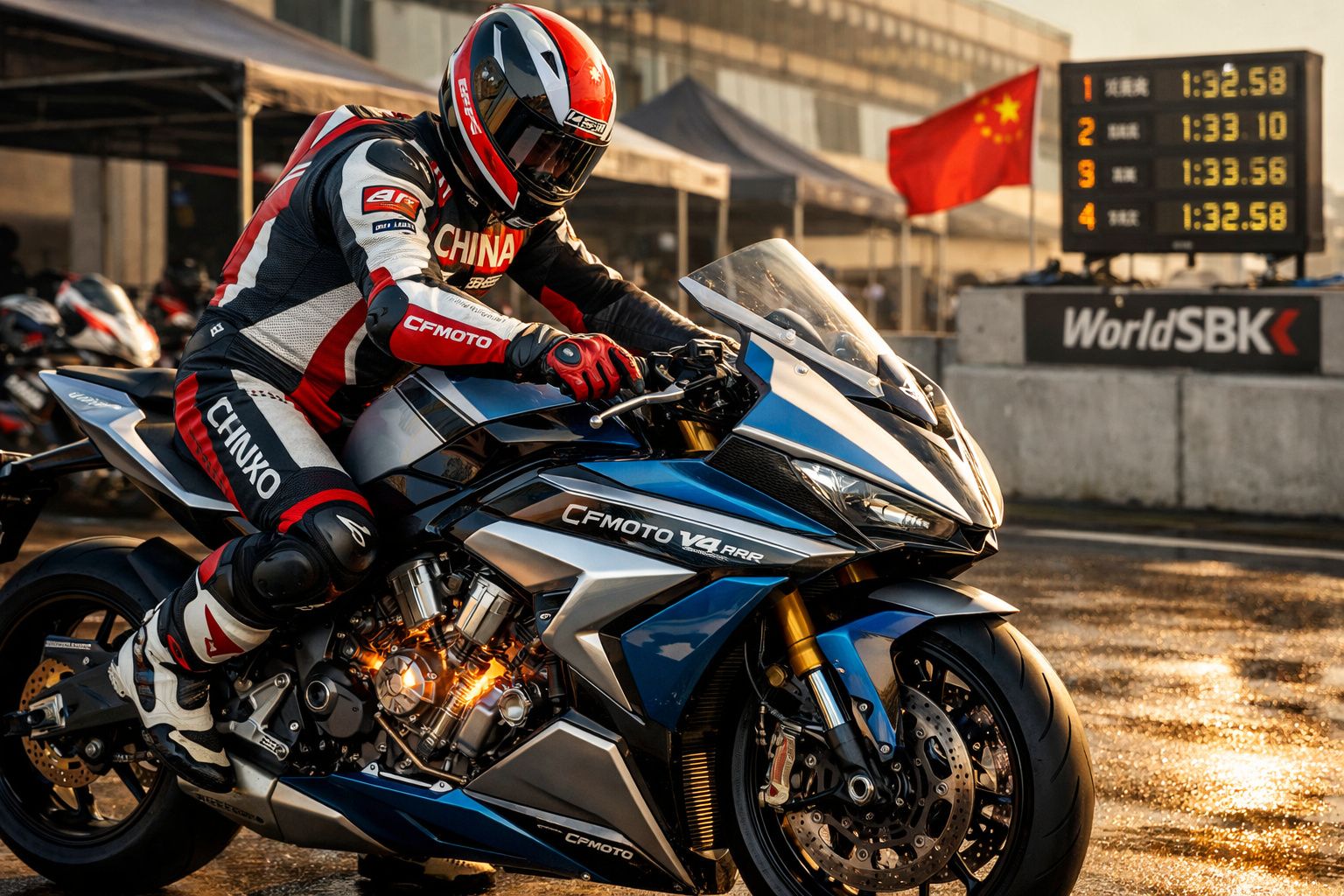 Piloto com macacão da China em moto esportiva azul CFMOTO V4 RR em pista de corrida WorldSBK.