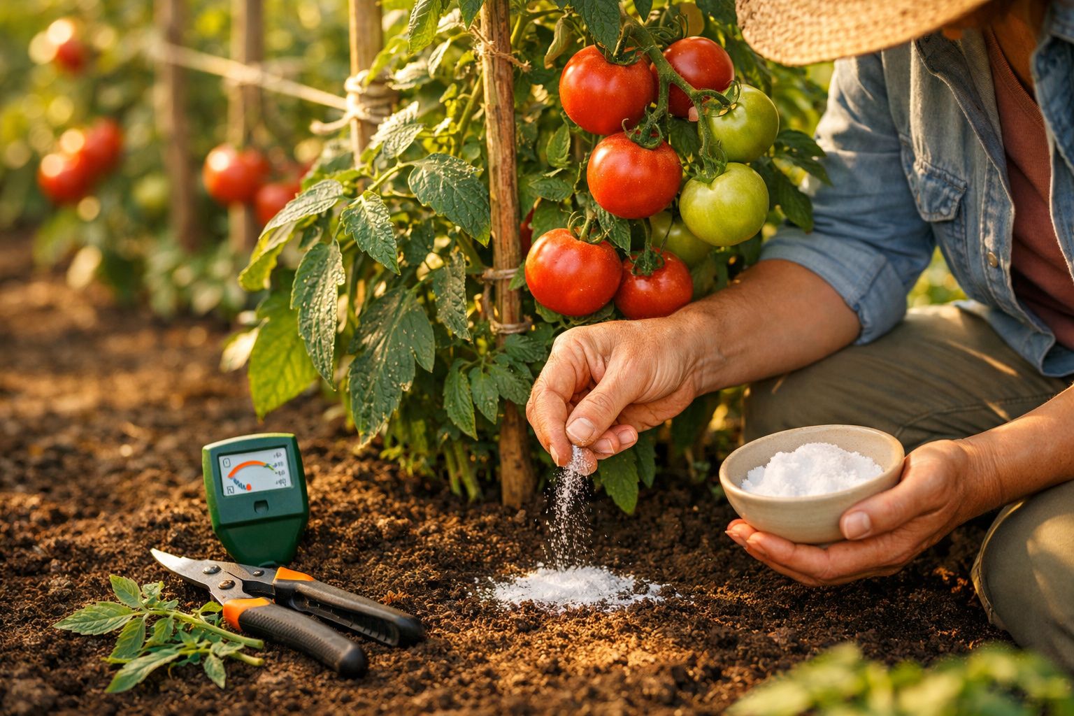 Pessoa aplicando fertilizante em planta de tomateiros maduros em horta ao ar livre.