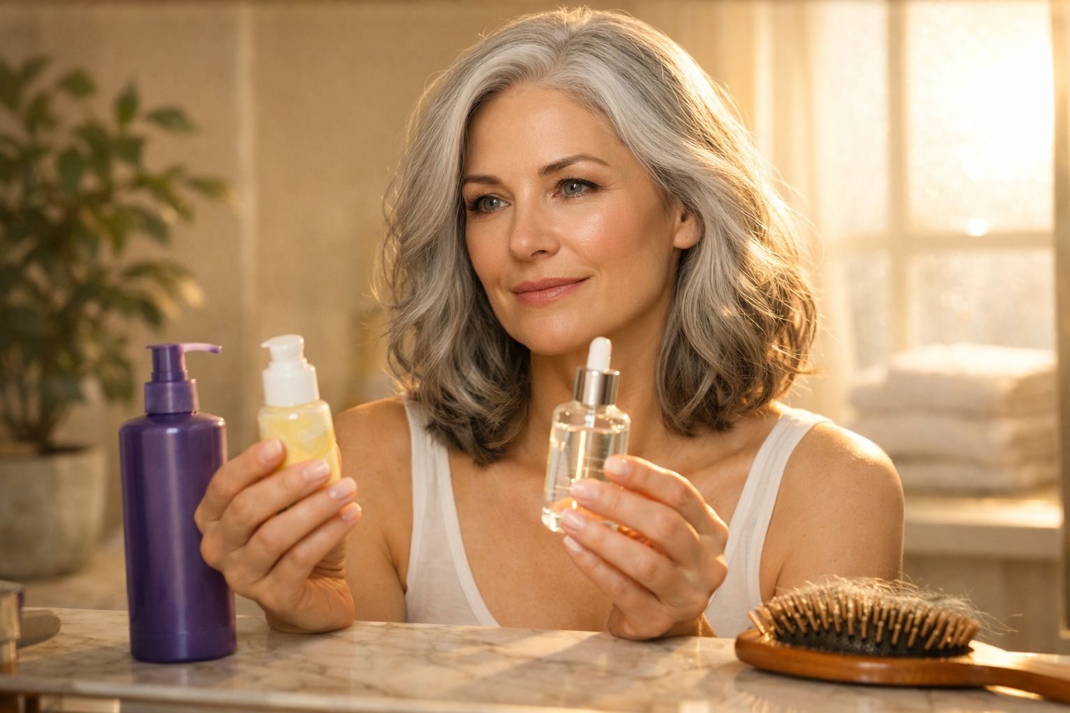 Mulher madura segurando frascos de produtos de beleza em ambiente iluminado e acolhedor.