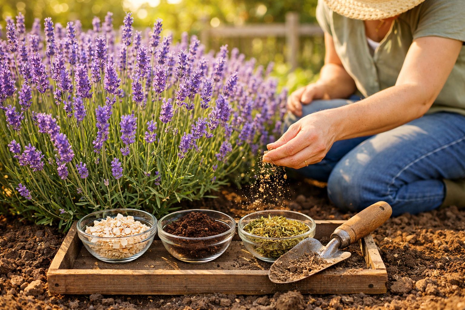 Pessoa semeando ervas ao lado de vasos com lavanda e tigelas com ingredientes naturais sobre bandeja de madeira.