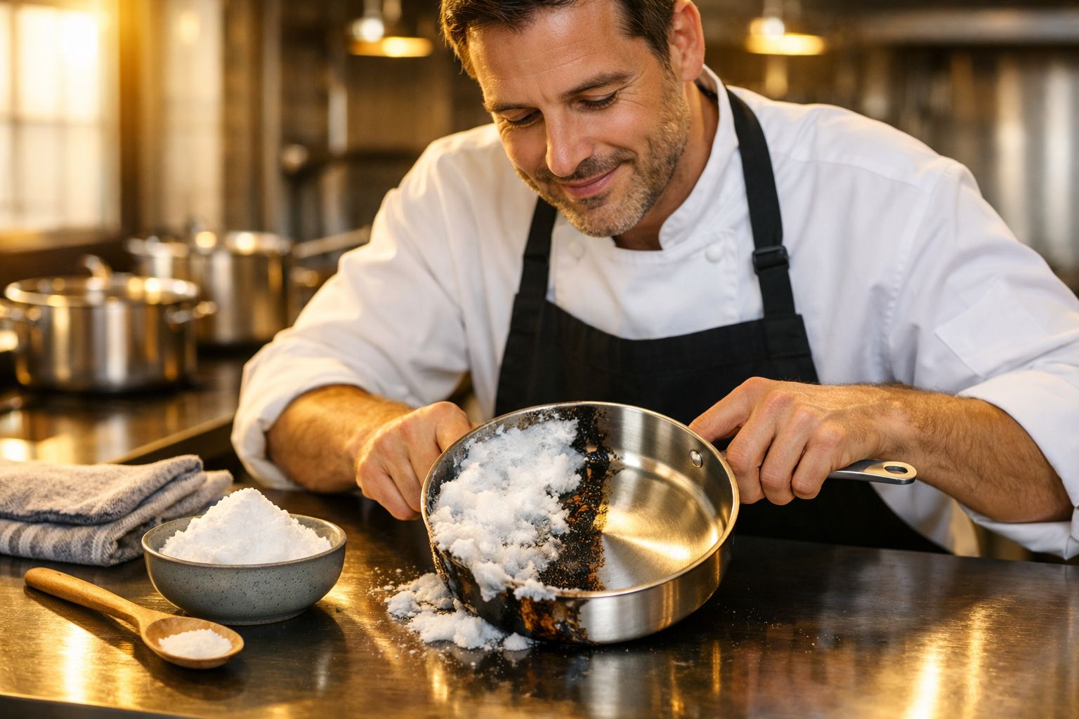 Chef limpando panela queimada usando sal grosso na cozinha profissional.