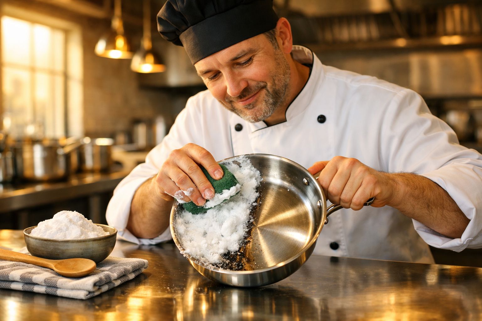 Chef de cozinha limpando panela de inox com bicarbonato de sódio na cozinha profissional.