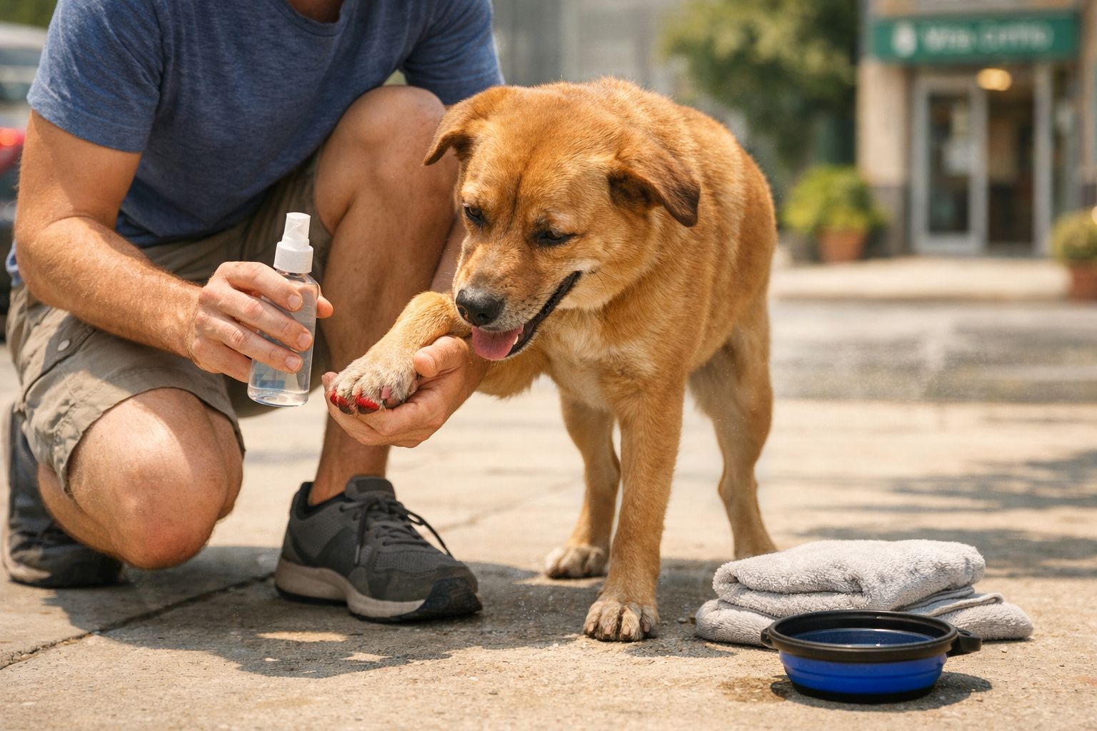 Homem limpando as patas de um cachorro marrom durante passeio ao ar livre.