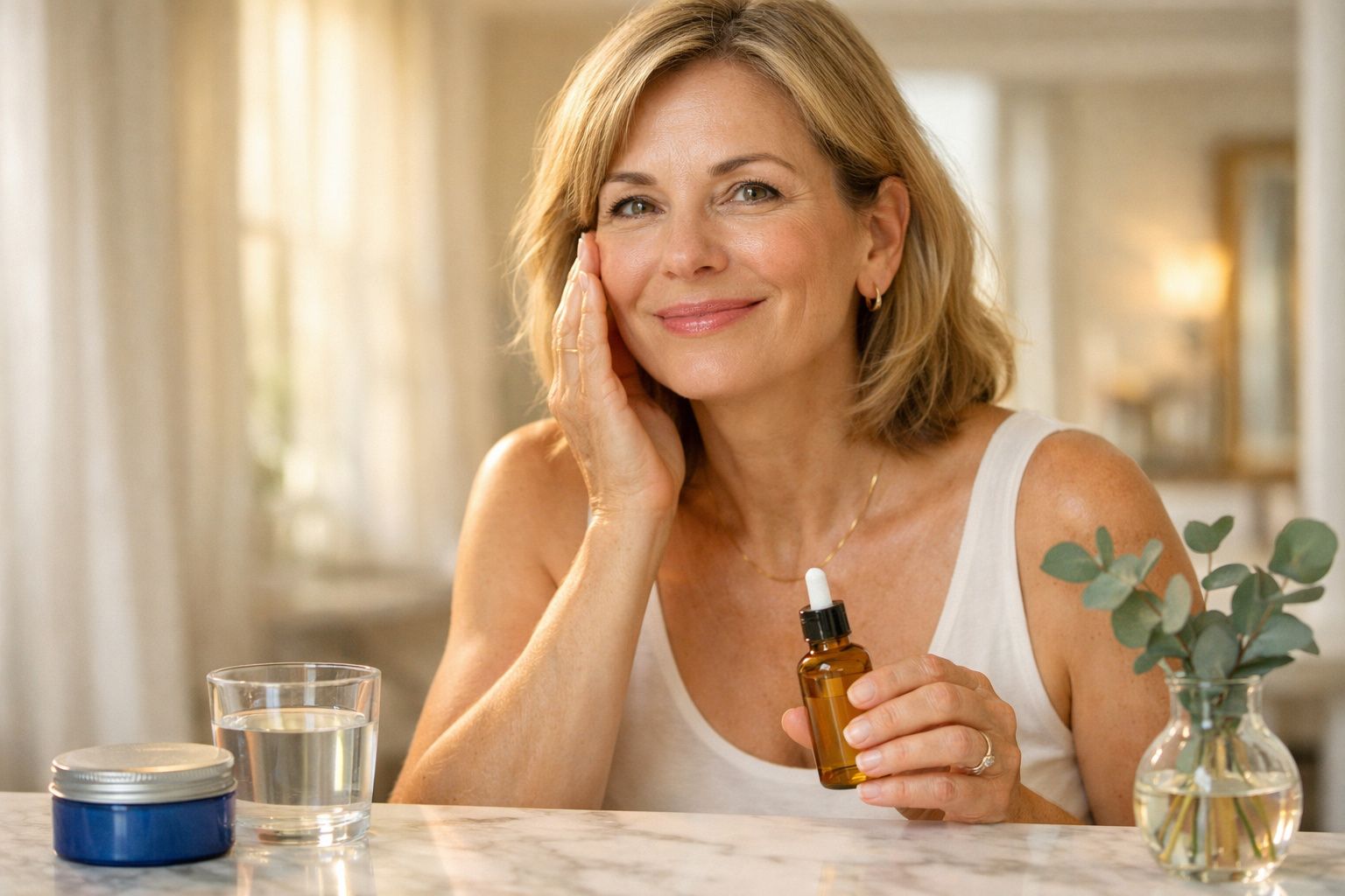 Mulher sorridente aplicando sérum facial com frasco âmbar em ambiente iluminado e tranquilo.