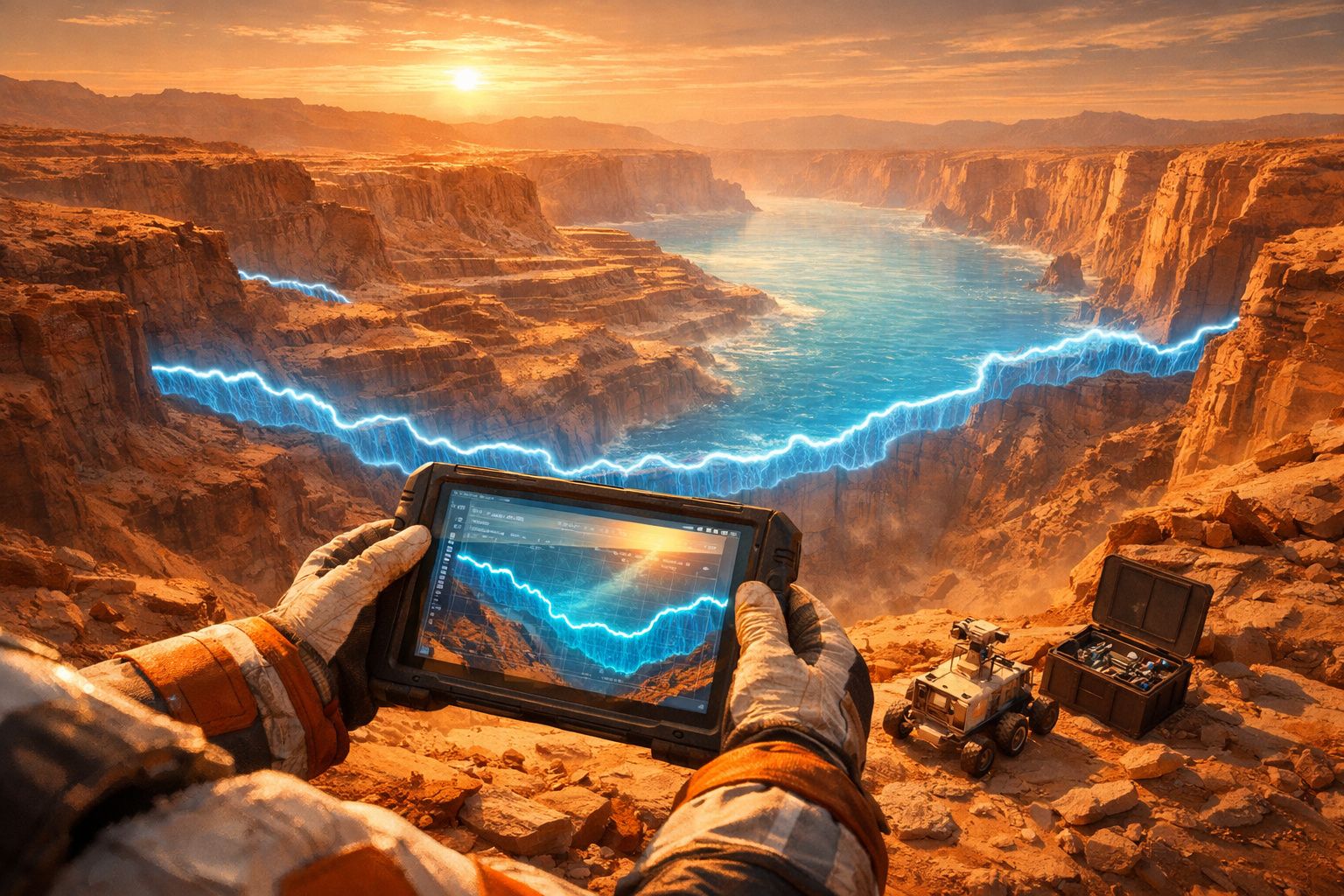 Pessoa com traje espacial segura tablet com mapa elétrico de cânion, com rover e estojo ao lado, ao pôr do sol.