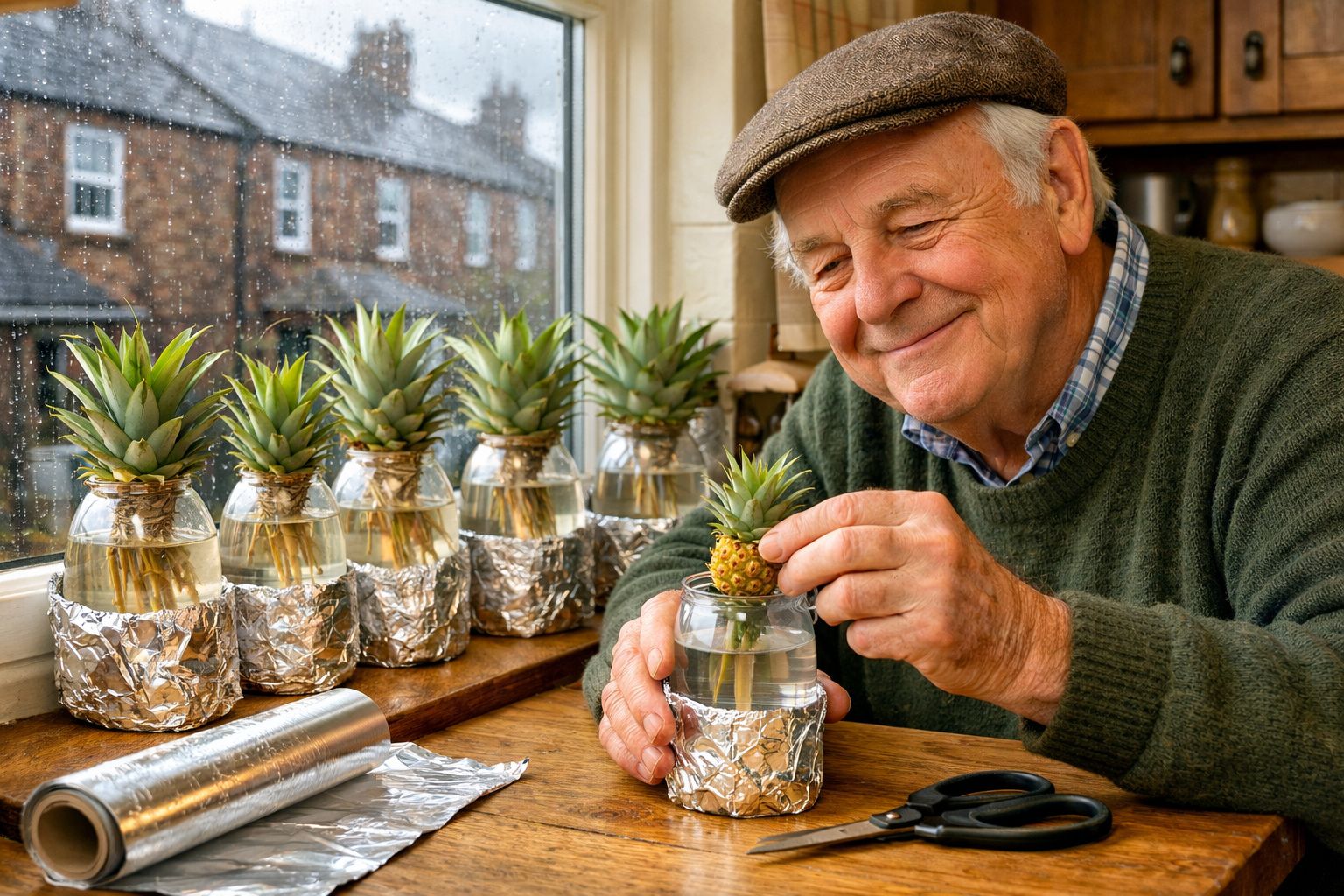 Idoso cuidando de mudas de abacaxi em vidros com água sobre uma mesa próxima à janela.
