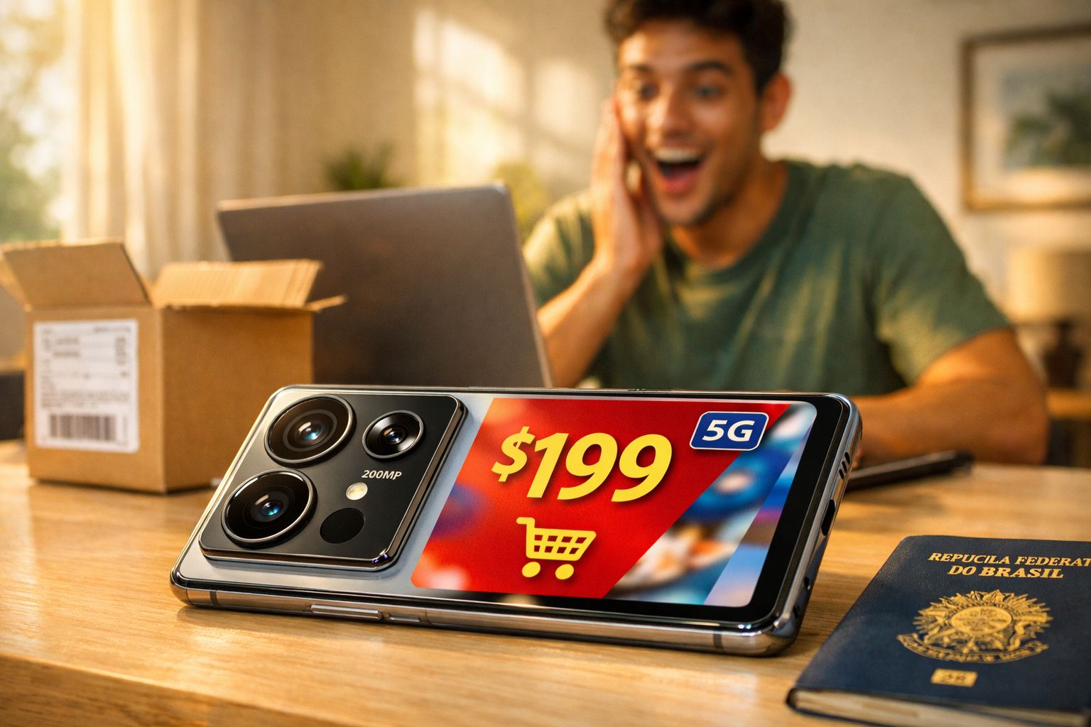Smartphone com câmera tripla exibindo preço de R$199 5G, homem feliz ao fundo olhando para laptop.