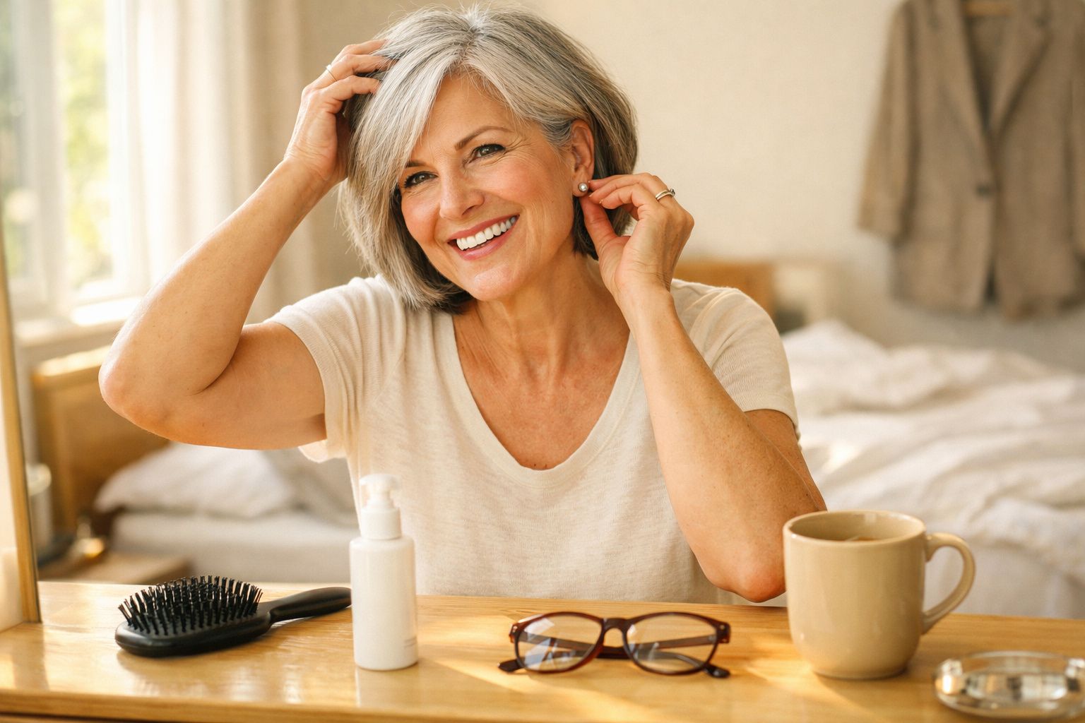 Mulher sorridente de cabelos grisalhos arrumando o cabelo em frente a espelho com itens pessoais na mesa.